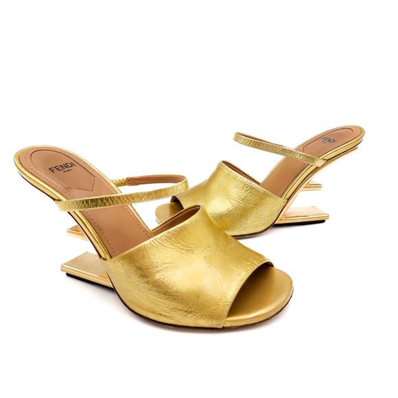 Fendi Gold Leather F Logo Slip-On Metal Heels Mules EU 37